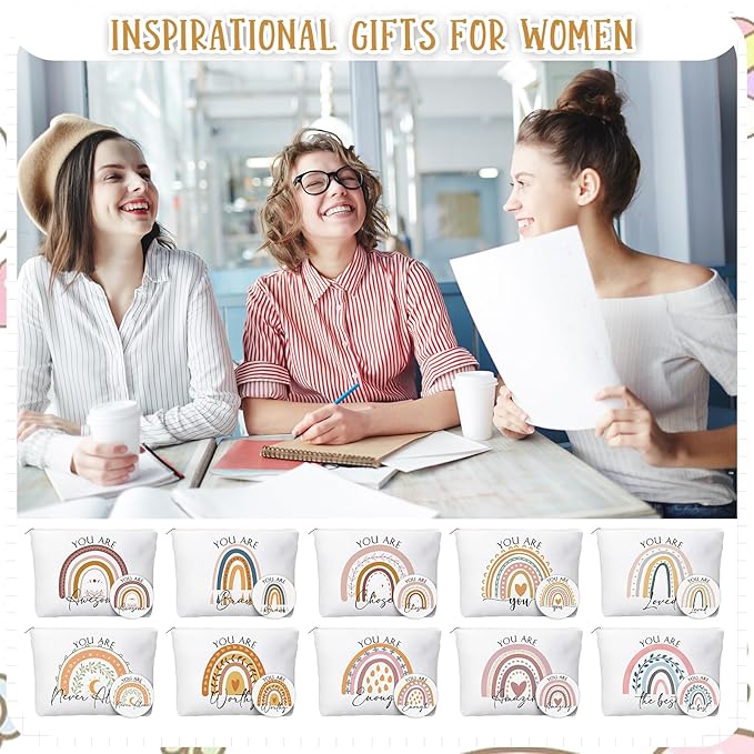 20 Pcs Employee Appreciation Gifts 10 Inspirational Canvas Makeup Bags 10 Compact Mirrors Bulk Cosmetic Bags Round Portable Pocket Mirror Thank You Gifts for Women (Rainbow)