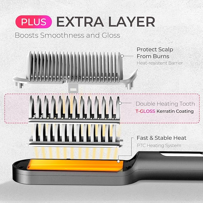 TYMO Ring Plus Ionic Hair Straightener Brush - Straightening Comb with Negative Ions for Women, Titanium Coating, 9 Temp Settings & LED Display, Dual Voltage, Professional Styling Tools