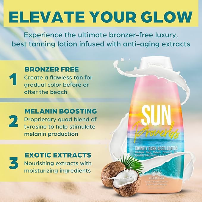 Sun Proverbs, Tanning Bed Lotion, Dark Tan Accelerator, Indoor Outdoor Sun Bathing White Lotion without DHA, Bronzer-Free, Natural Bronzing for Men or Women by Elegant Sun