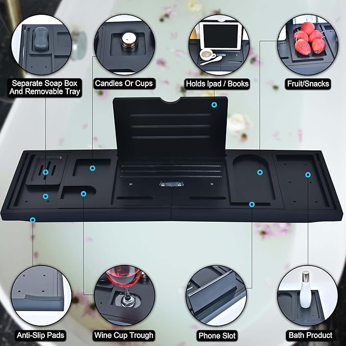 Bathtub Trays and Tub Pillow for Bathtub, Expandable Folding Bath Tray, with Black Soapbox, 2 Bath Towels, Shower Cap, Storage Bag, Bathroom Hooks, Uniform Black Accents for Your Bathtub