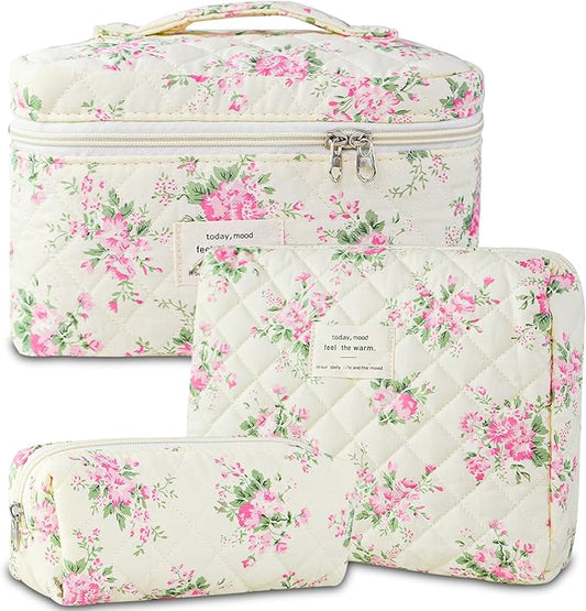 Makeup Bag, 3 PCS Quilted Makeup Bag, Cute Floral Cotton Cosmetic Bag set, Coquette Makeup Pouch Large Travel Toiletry Bag