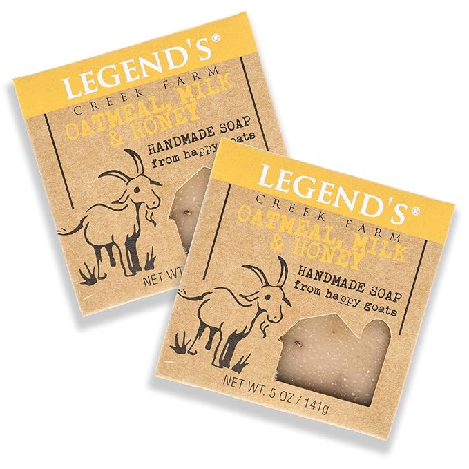 Legend's Creek Farm Goat Milk Soap - Cleansing Moisturizing Soap Bar for Hands and Body - 5 Oz Creamy Lather, Nourishing, Gentle Natural Soap for Sensitive Skin (Oatmeal, Milk & Honey, Pack of 2)