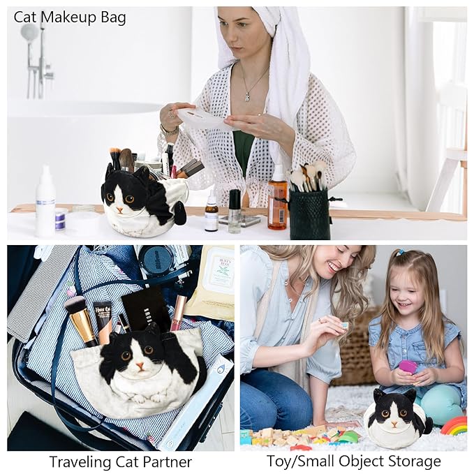 Drawstring Makeup Bag, Cat Makeup Bag, Travel Makeup Organizer, Cosmetic Pouch Bag, Cat Gift for Women, Lay Flat Makeup Bag Gifts for Cat Lovers(2-Pack)