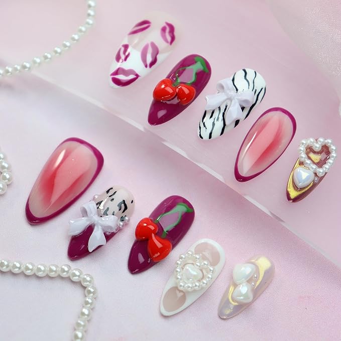 Almond Press on Nails Handmade Medium Long/Stiletto 3D Flower Fake Nail with Designs, Women Reusable False Nails (Heart Cherry Lips, S)