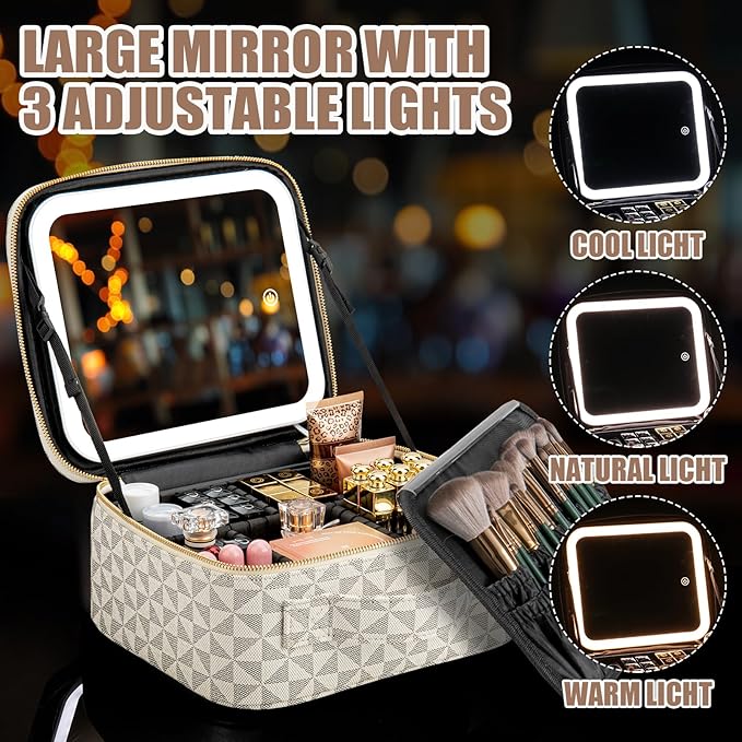 Makeup Travel Train Case with Mirror LED Light 3 Adjustable Brightness Cosmetic Bag Portable Storage Adjustable Partition Waterproof Makeup Brushes Makeup Jewelry Gift for Women