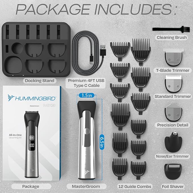HUMMINGBIRD MK9 MasterGroom All-in-One Trimmer – 21-Piece Men's Grooming Kit for Beard, Head, Hair, Body, and Face, Waterproof, Stainless Steel, USB C Rechargeable, LED Display