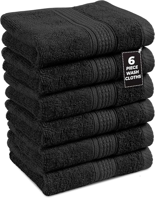 LANE LINEN 100% Cotton Washcloths 6 Pack - Spa & Salon Quality Face Cloths - Ring Spun, Soft & Absorbent Wash Cloths for Body, Beauty, Home, Gym - Fingertip Towels Set - 13"x13", Black Towels Set