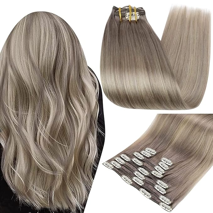 Full Shine Short Clip in Hair Extensions Human Hair Grey Blonde 12 Inch Double Weft Clip in Extensions for Women Balayage Remy Hair Extensions Real Human Hair 7 Pcs 95 G