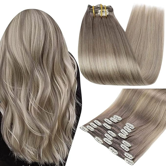 Full Shine Blonde Clip in Hair Extensions Real Hair Double Weft Clip in Extensions Balayage Ash Grey Fading to Blonde Hair Extensions for Volume 7 Pcs 14 Inch 120 G