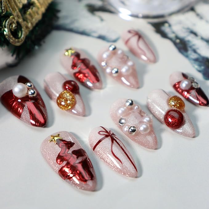 Almond Press on Nails Handmade Medium Long/Stiletto 3D Flower Fake Nail with Designs, Women Reusable False Nails (Cat Eye Pink, L)