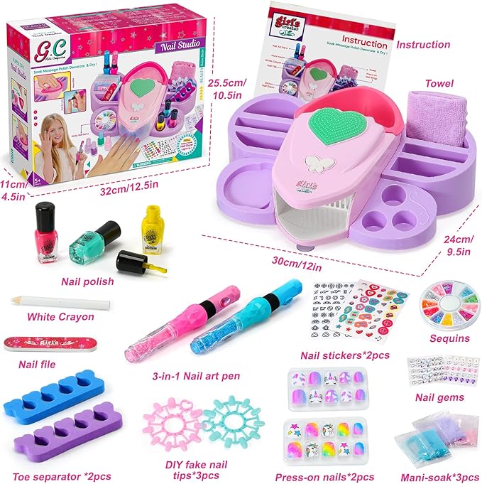 G.C Kids Nail Polish Set for Girls Toy 6-12 Years Old, Nail Art Kit Storage Desk with Nail Dryer&Hand Massage Spa Kit, Kid Manicure Salon Studio Stuff Christmas Birthday Gift Girl Ages 7 8 9 10 11 12