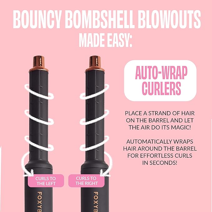 FoxyBae Interchangeable 5-in-1 Super Styler Pro Hair Styling Curling Iron Set - w/Drying Cylinder, Ceramic Blowout & Round Brushes, 2 Auto-Wrap Curlers - for Frizz-Free, Smooth Hair (Black-Rose Gold)