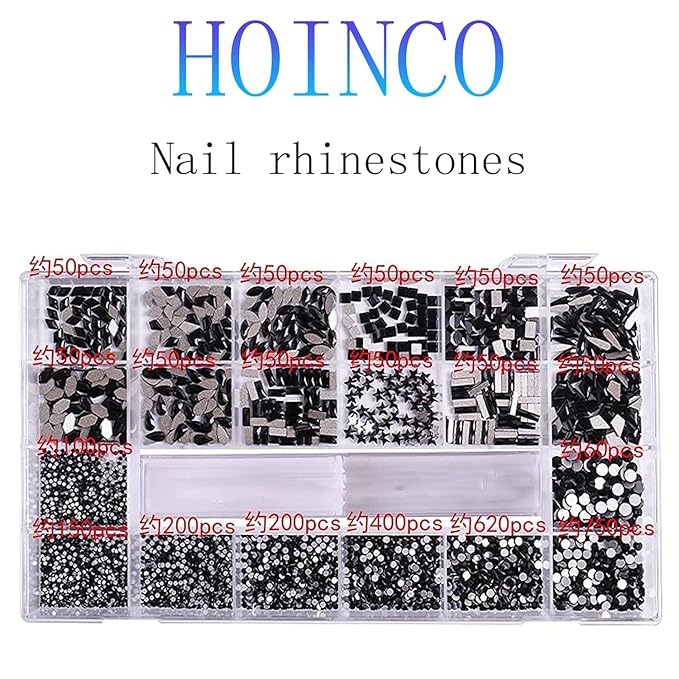 3100Pcs Flat Back Rhinestones for Nails, HOINCO Black Rhinestones for Nails, Mix 20 Styles Flatback Rhinestone/Gems, 600 Diamonds + 2500 Round Rhinestones Beads for Nail Crafts with Tweezers Pen