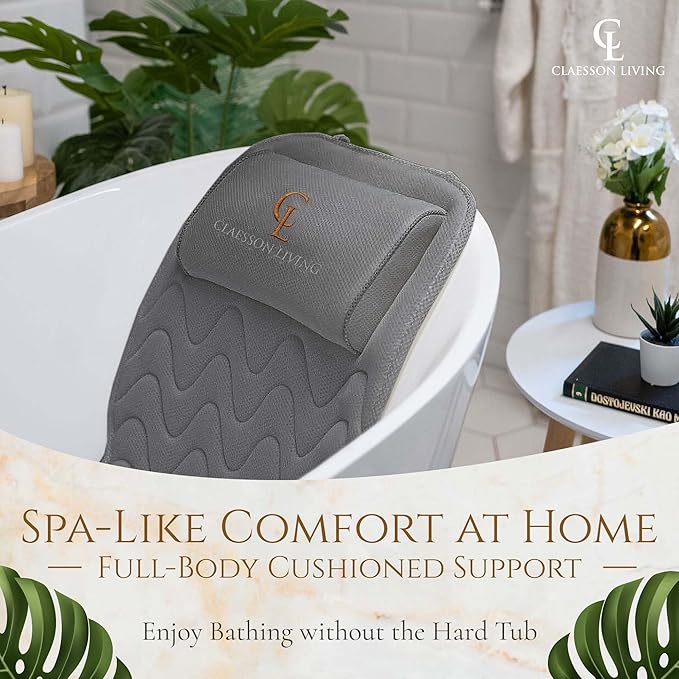 Full Body Bath Pillow (17'' x 49'') - Bathtub Cushion with Headrest Supports Neck, Back and Legs - Free Hanging Hooks for Fast Drying Over Tub - Includes Washing and Travel Bags - Gray