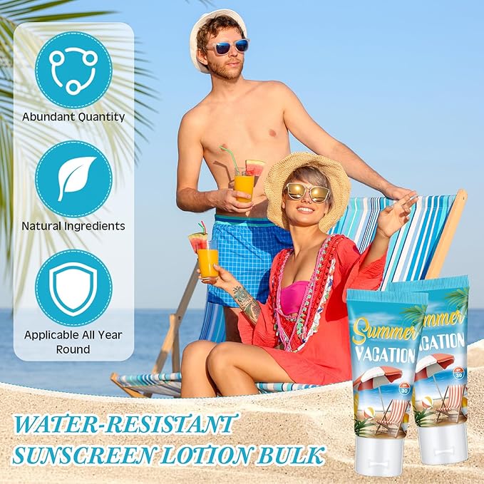 24 Pcs Mini Sunscreen Bulk for Summer Wedding Party Spf 30 Water Resistant Sunscreen Lotion Bulk 1oz Travel Size for Thank You Gifts Wedding Party Supplies(Skin Color Cream,Vacation)