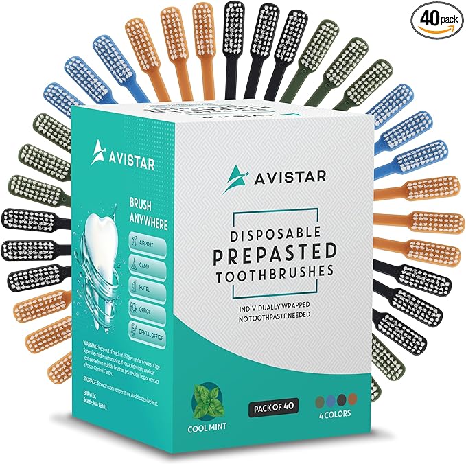 40 Prepasted Disposable Toothbrushes Individually Wrapped - Single Use Pre Pasted Disposable Toothbrushes with Toothpaste Built In - Waterless Toothbrush for Travel, Airbnb Guests, Hotel, & Camping