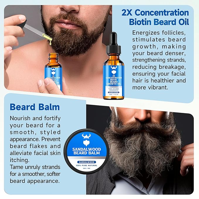 Beard Growth Oil & Beard Balm - Beard Growth Kit with 2X Concentration Biotin for Men, Natural Ingredients with Argan Oil, Jojoba Oil and Vitamin (Sandalwood)