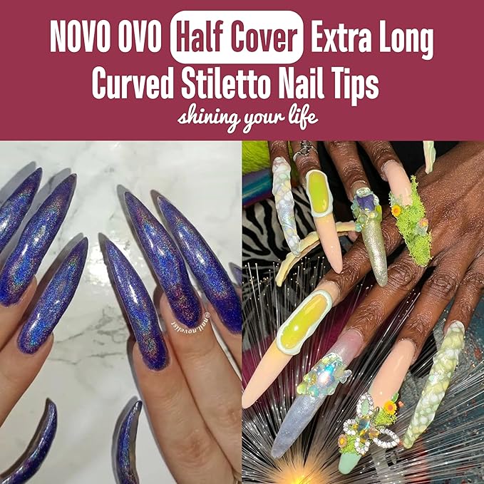 500 pcs Half Cover Extra Long Hawk Curved Stiletto/Almond Nail Tips, XXL 2XL Sharp False Nails for Acrylic, Clear QUEEN STILETTO CURVE Eagle Claw Gel Extension x 10 Sizes in Bag for Salon