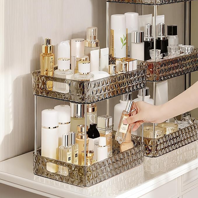Makeup Organizer for Vanity,Bathroom Countertop Skincare Organizer,Makeup Counter Shelf Perfume Holder Rack,Cosmetic Display Case(Clear Black, 2 Tier)