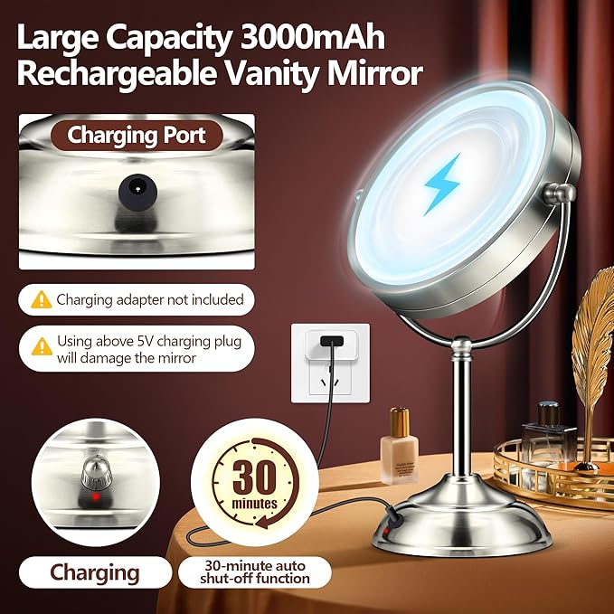 20x Large Lighted Makeup Mirror, Rechargeable 8.6" Magnifying Makeup Mirror, 30-Minute Timer,3 Color Modes, Adjustable Brightness, No Assembly Required, 360° Rotation Cosmetic Mirror, Pearl Nickel
