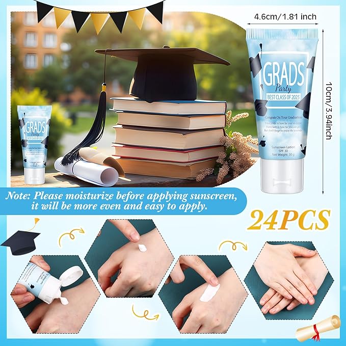 24 Pcs Mini Sunscreen Bulk for Summer Wedding Party Spf 30 Water Resistant Sunscreen Lotion Bulk 1oz Travel Size for Thank You Gifts Wedding Party Supplies (White Cream,Graduation)