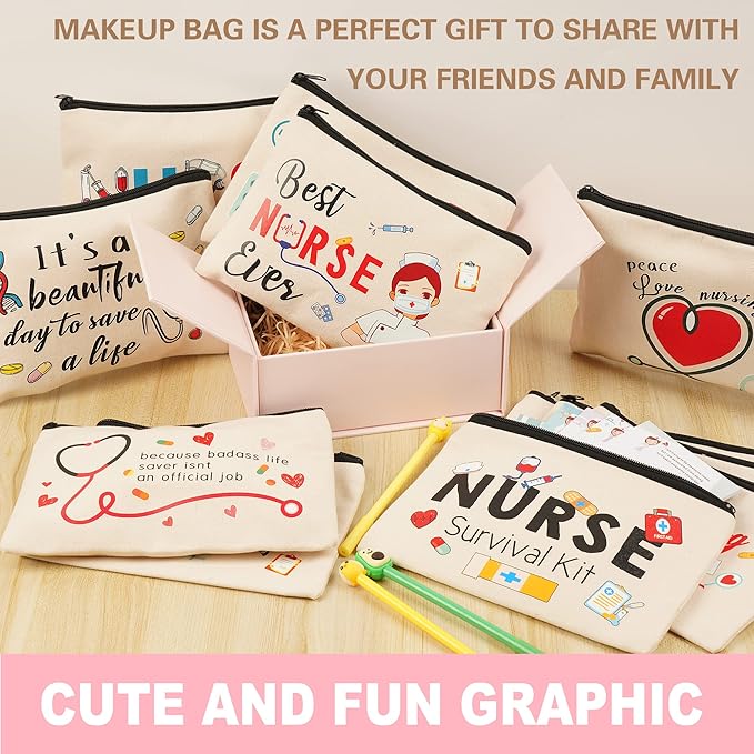Kolewo4ever 16 Pieces Nurse Survival Kit Nurse Practitioner Gifts Nurse Appreciation Gifts Nurses Week Gifts Nursing Makeup Bags Cosmetic Funny Travel Pouch Bag for Women Nurses