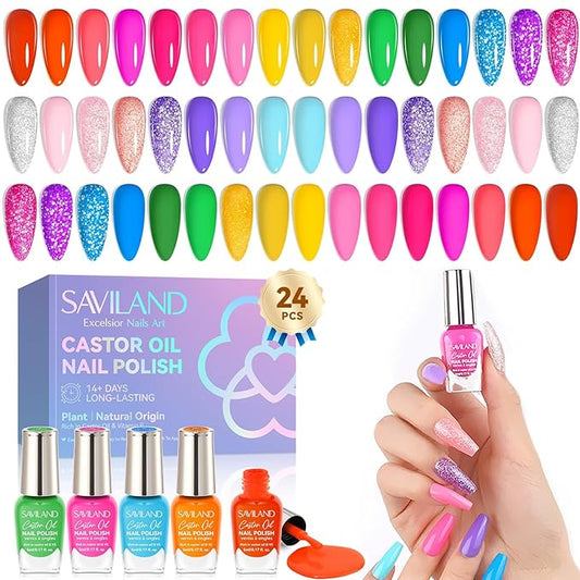 SAVILAND Nail Polish Set Quick-Dry: 24 Trendy Color Regular Nail Polish Kit Neon Glitter Finger Bulk Nail Polish Non Gel Plant-base Castor Oil Vitamin E Toe Nail Lacquer Home Set Women