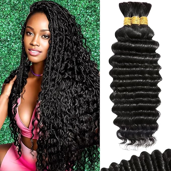 Human Braiding Hair For Boho Braids Deep Water Wave Bulk Human Hair for Braiding 12A Wet and Wavy Curly 100% Human Hair Extensions 3 Bundles 110g Natural Color 24inch
