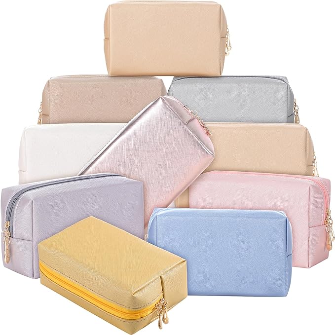Sanwuta 9 Pcs Preppy Makeup Bag PU Leather Cosmetic Bag Makeup Pouch Plain Waterproof Toiletry Organizers for Traveling Preppy Travel Purse End of the Year Teacher Gifts Bulk(Pearl Color)