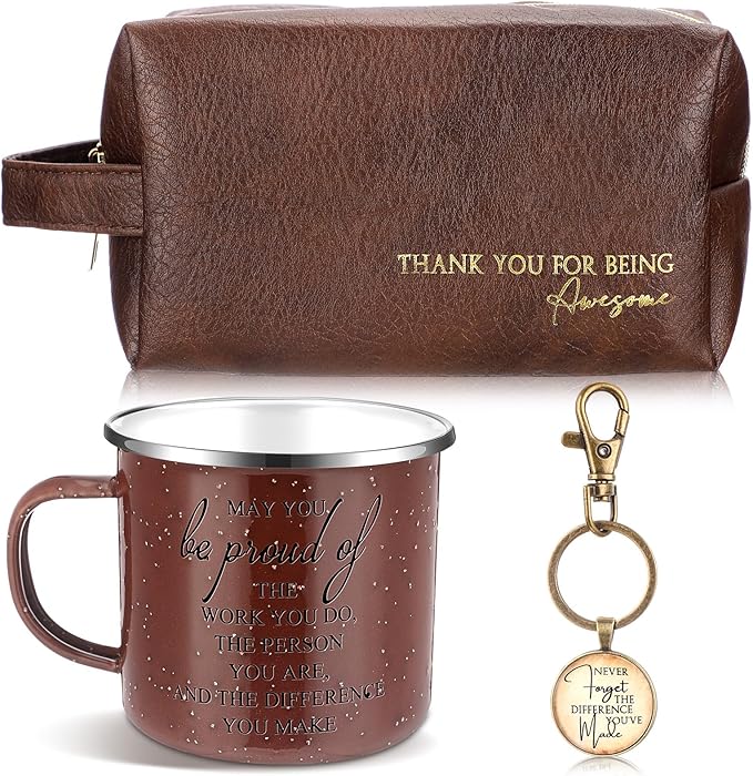 Dandat 3 Pcs Thank You Gift for Men Employee Appreciation Gift Leather Toiletry Bag 12 oz Inspirational Enamel Mug Motivational Keychain May You Be Proud Sign for Coach Men Teacher Male Staff (Brown)