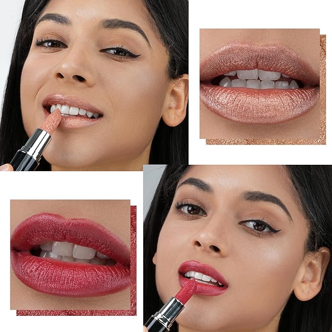 Angicolour 2pcs Glitter Lipstick - Nude & Red, Creamy Moisturizing Formula, Metallic Finish, Vegan & Cruelty-Free, Full-Coverage Lip Color
