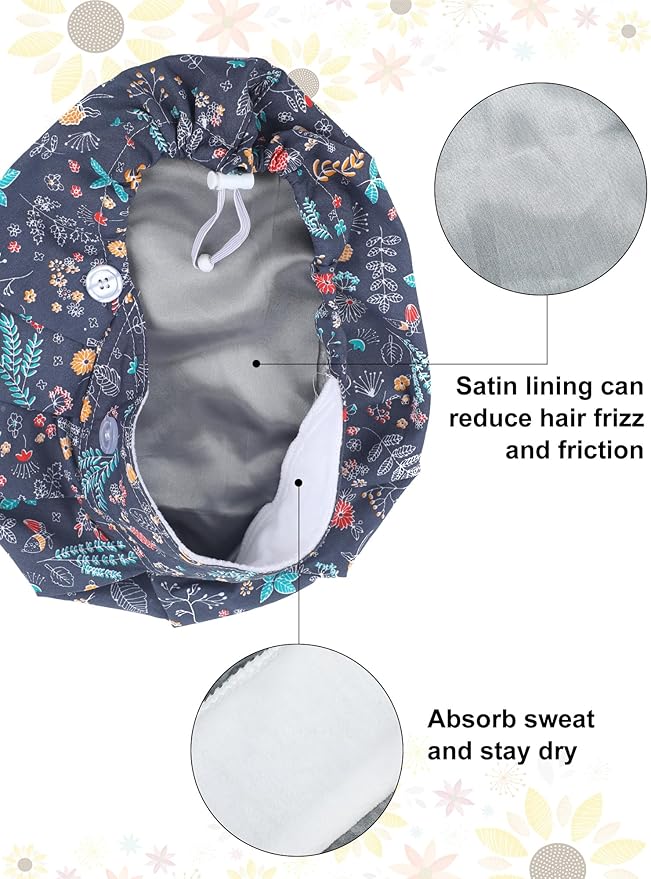 6 Pcs Satin Lined Scrub Caps Women Nurse Surgical Hat with Buttons Ponytail Working Adjustable Pouch Tie Back