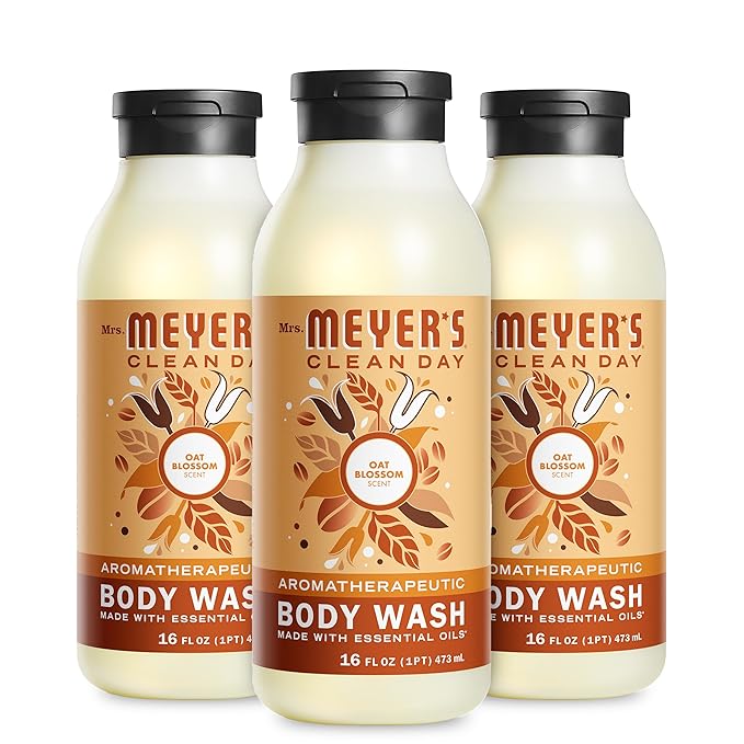 MRS. MEYER'S CLEAN DAY Moisturizing Body Wash for Women and Men, Biodegradable Shower Gel Formula Made with Essential Oils, Oat Blossom, 16 oz Bottle, Pack of 3