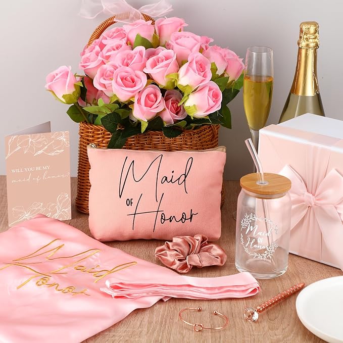 Irenare 8 Pcs Proposal Gifts Set Robes Makeup Bag Cup Cards Hair Tie Bracelet Diamond Pen Bridesmaid Gift Box(Pink,Maid of Honor)