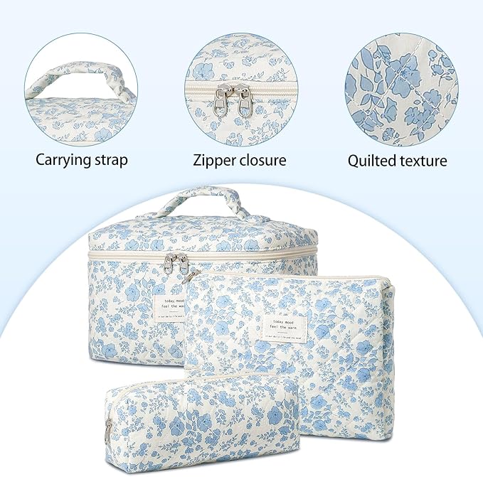 Quilted Makeup Bag,Large Cosmetics Bag Set,Coquette Floral Make up Pouch,Travel Toiletry Bag for Women