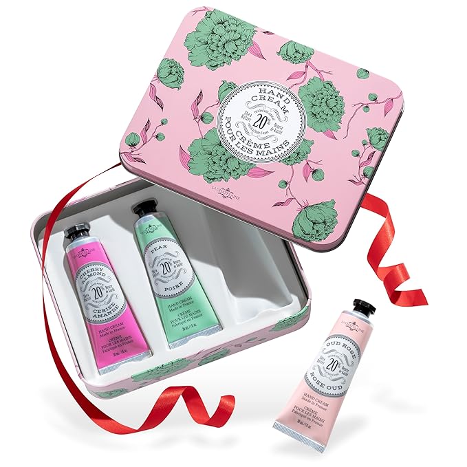 La Chatelaine Rose Hand Cream Trio Tin Gift Set, Ready-To-Gift Tin, Nautral, Made in France with 20% Organic Shea Butter, Nourishing and Moisturizing (Cherry Almond, Pear, Oud Rose)