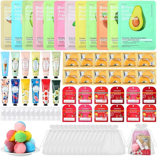 84 Pcs Spa Party Supplies Facial Masks Eye Patches Hand Cream Lip Balm Foot Bath Bombs Compressed Towel Organza Bags Spa Party Favors Sleepover Kit Birthday for Most Skin Type