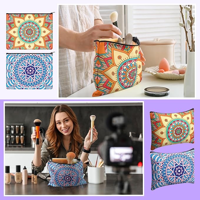 Eccliy 20 Pcs Mandala Makeup Bag Cosmetic Bag Canvas Gifts Colorful Mandala Themed Accessories for Girls Toiletry Pouch with Zipper for Women Party Shopping Home Travel, 9 x 7 Inch