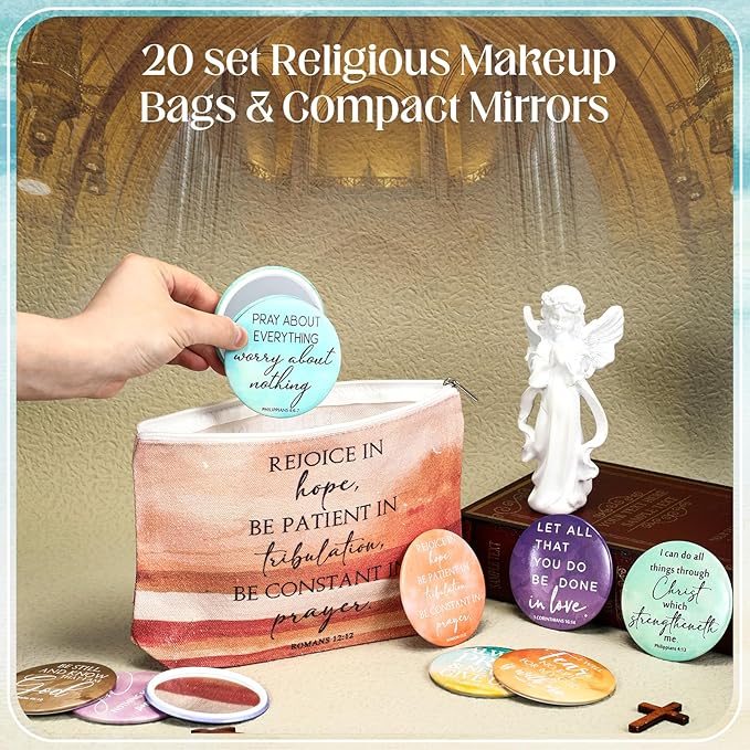 Reginary 20 Sets Christian Gifts for Women Include 20 Religious Canvas Makeup Bags with 20 Bible Verse Compact Mirrors Mother's Day Inspirational Birthday Gift for Mom(Bright Colors,Abstract Style)
