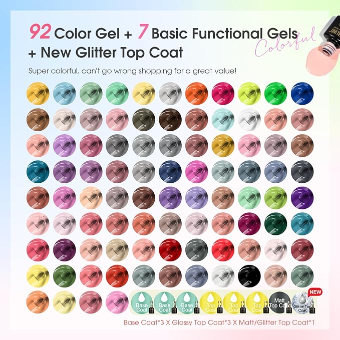 ROSALIND 100PCS Gel Nail Polish Set, 92 PCS Colors Gel Polish Set with 8 Bottles of Base and Glossy Matte Top Coat Starter Nail Set Suitable for All Seasons Gift for Women