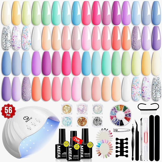 MEFA 32 Colors Gel Nail Polish Kit with U V Light, Spring Gel Nail Kit Pastel Pink Blue Glitter Gel Nail Polish Set Manicure Tool Nail Art Decorations Gift