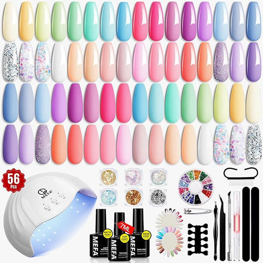 MEFA 32 Colors Gel Nail Polish Kit with U V Light, Spring Gel Nail Kit Pastel Pink Blue Glitter Gel Nail Polish Set Manicure Tool Nail Art Decorations Gift