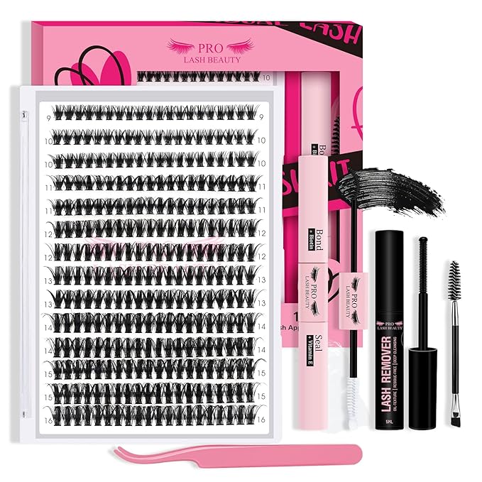 𝐏𝐑𝐎 DIY Lash Extension Kit 280pcs Lash Clusters D Curl Eyelash Extension Kit Individual Lashes with Lash Bond and Seal Lash Remover Lash Applicator Easy to Apply at Home(50D-9-16mix Kit)