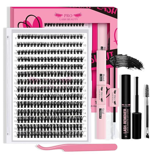 𝐏𝐑𝐎 DIY Lash Extension Kit 280pcs Lash Clusters D Curl Eyelash Extension Kit Individual Lashes with Lash Bond and Seal Lash Remover Lash Applicator Easy to Apply at Home(50D-9-16mix Kit)