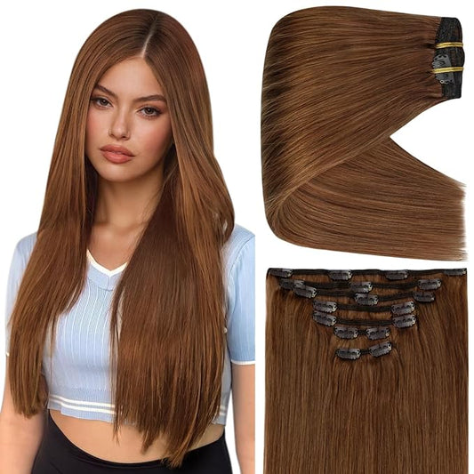 Full Shine Auburn Hair Extensions Clip in Human Hair 150 G Auburn Brown Thick Clip in Hair Extensions Triple Weft Remy Human Hair for Volume 20 Inch 7 Pcs