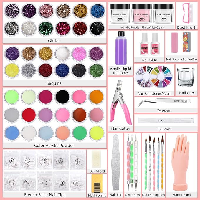 Professional Acrylic Nail Kit - Practice Hand Set with Powder, Brush, DIY Starter Kit for Beginners with tips, glue, and glitter