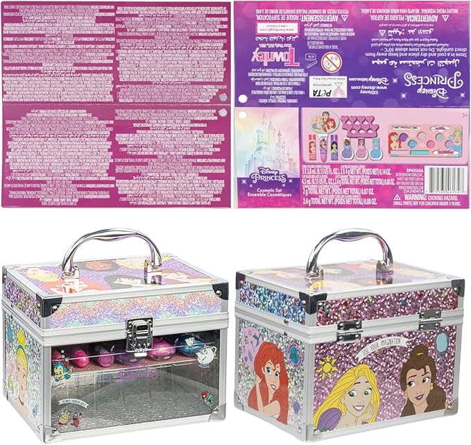 Disney Princess Train Case Beauty Set, Kids Makeup Kit for Girls, Real Washable Makeup Set, Play Makeup, Party Favor, Birthday, Ages 3 4 5 6 7 8 9 10 11 12 by Townley Girl