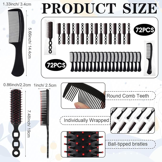 Baderke 144 Pack Individually Wrapped Hair Brushes Combs Set for Homeless, Detangling Brush Widen Combs for Curly Hair Suitable for Women Men Shelter Nursing Hotel Church Charity Supplies(Black)