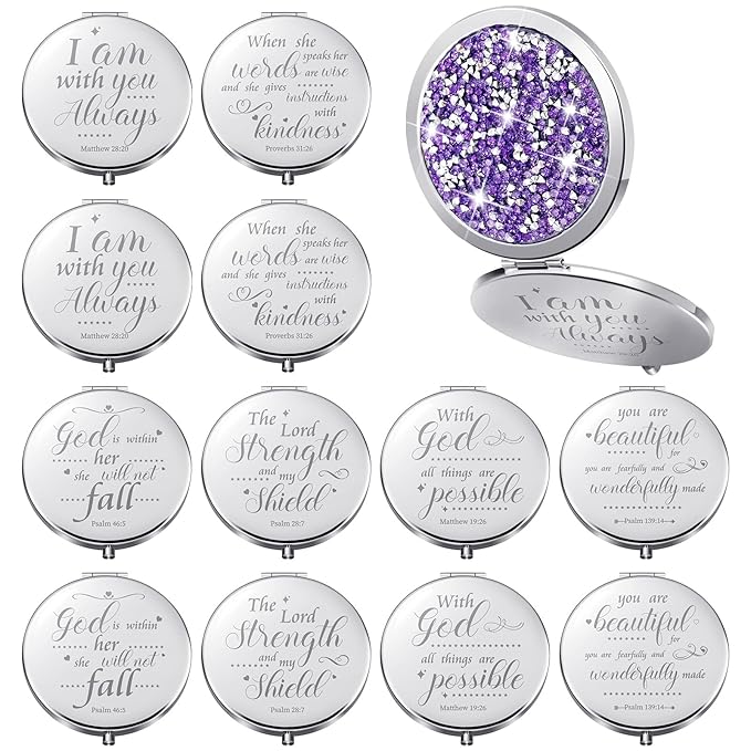 Thyle 12 Pcs Christian Compact Mirror Gifts for Women Bible Verse Bulk Hand Makeup Compact Purse Mirror Inspirational Religious Baptism Gift for Teacher Mother's Day Women Nurse(Purple)
