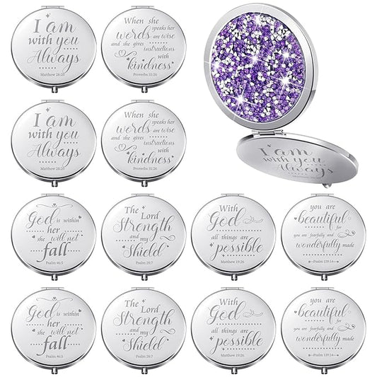Thyle 12 Pcs Christian Compact Mirror Gifts for Women Bible Verse Bulk Hand Makeup Compact Purse Mirror Inspirational Religious Baptism Gift for Teacher Mother's Day Women Nurse(Purple)
